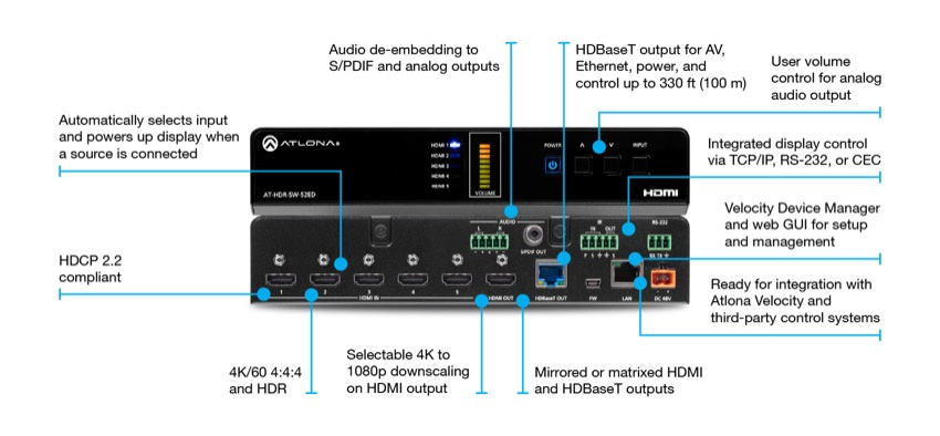 Switcher, 5x2, 4K/HDR HDMI 2.0b HDBaseT, 100m